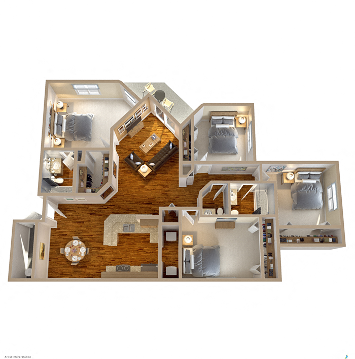 Floor plan for 4 beds, 2.5 baths, 1529 sqft